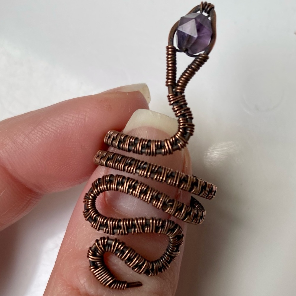 Handcrafted Copper + Amethyst Serpent / Snake Ring - Sz 7